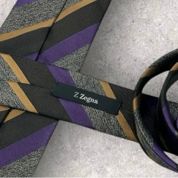 Z ZEGNA Silk Tie ITALY Black Purple Gold Striped W:3.2" EUC - Picture 2 of 6